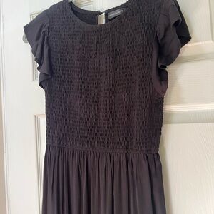 Black Smocked Midi Sundress with Flutter Sleeves